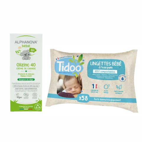 Lot pour le change - crème de change Olizinc & paquet de lingettes à l'eau pure 100% biodégradables