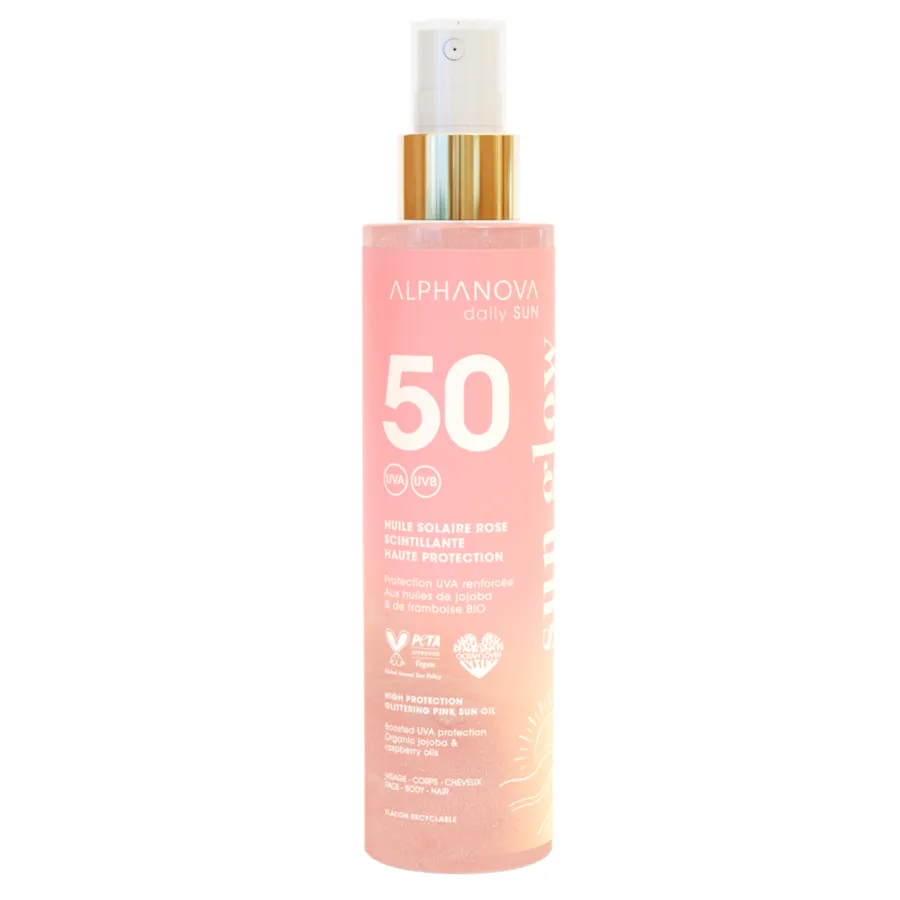 Huile solaire rose scintillante haute protection SPF 50 - Alphanova Daily Sun