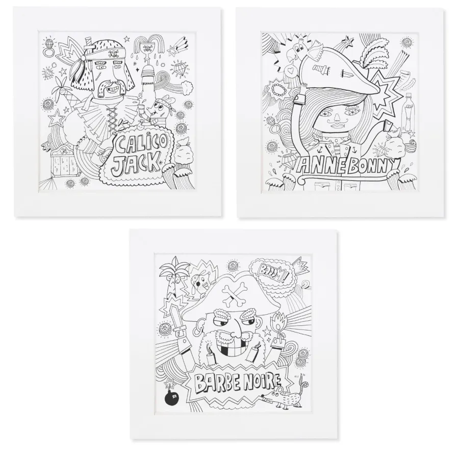 Kit créatif - 3 Illustrations Pirate encadrées à colorier - Pirouette Cacahouète