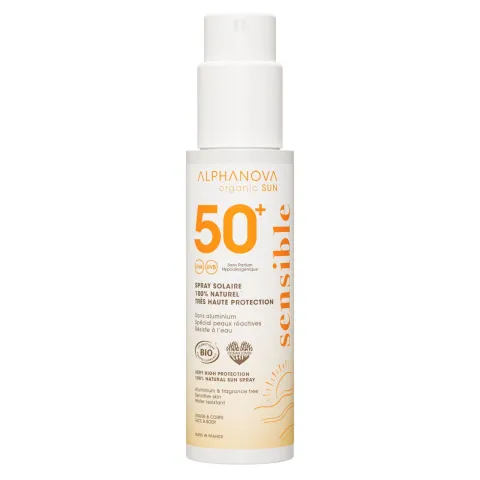 Spray solaire peau sensible SPF 50+ très haute protection - Alphanova organic SUN